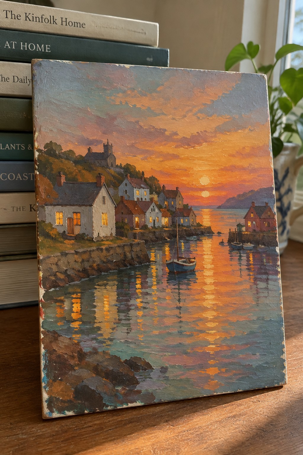 Vibrant oil painting of sunset coastal village with glowing houses and boats beside books