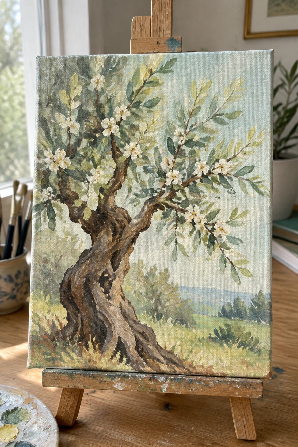Oil painting of twisted flowering tree with white blossoms on wooden easel.