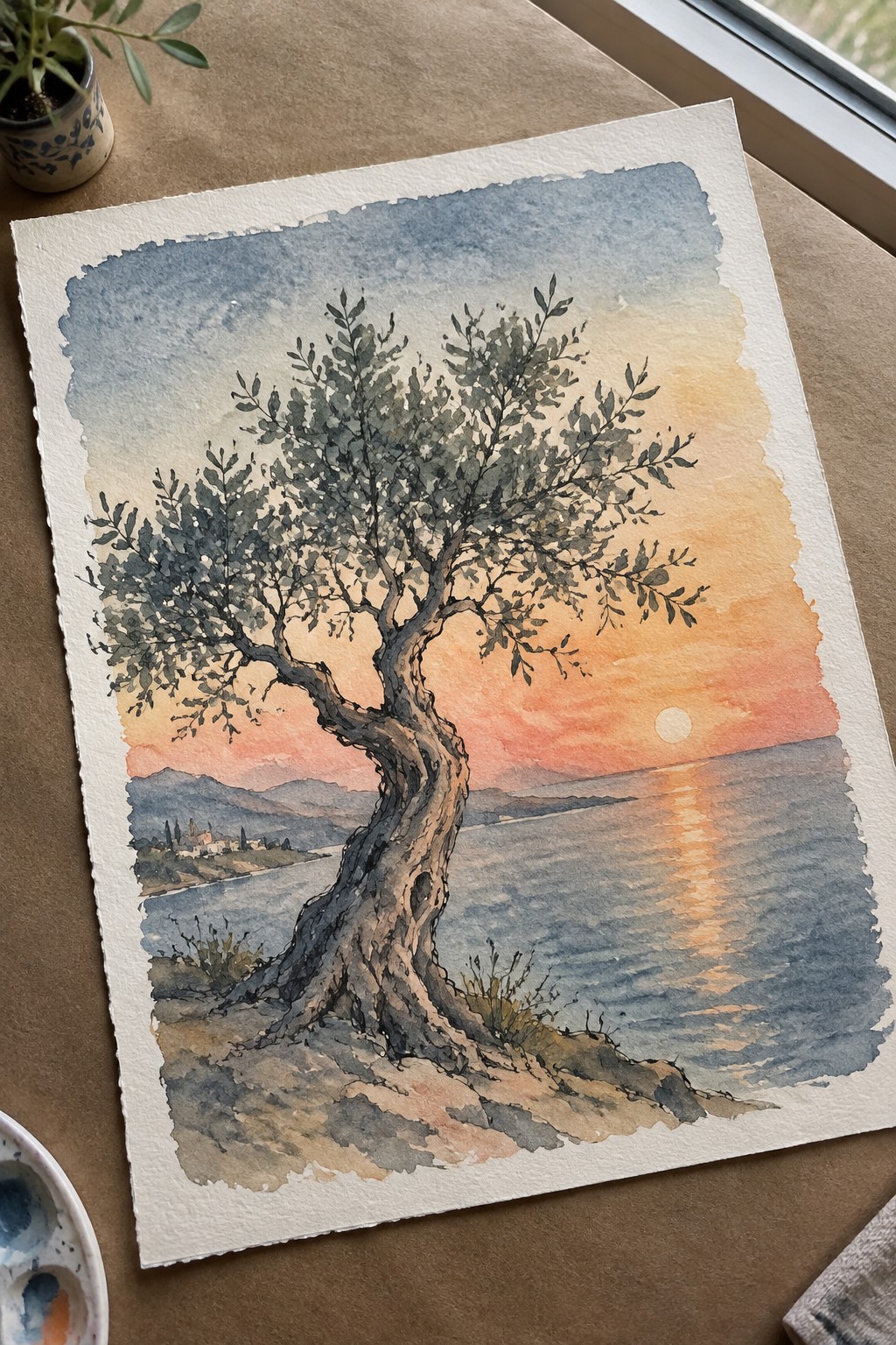 Watercolor landscape of a twisted tree by the sea at colorful sunset with distant hills.