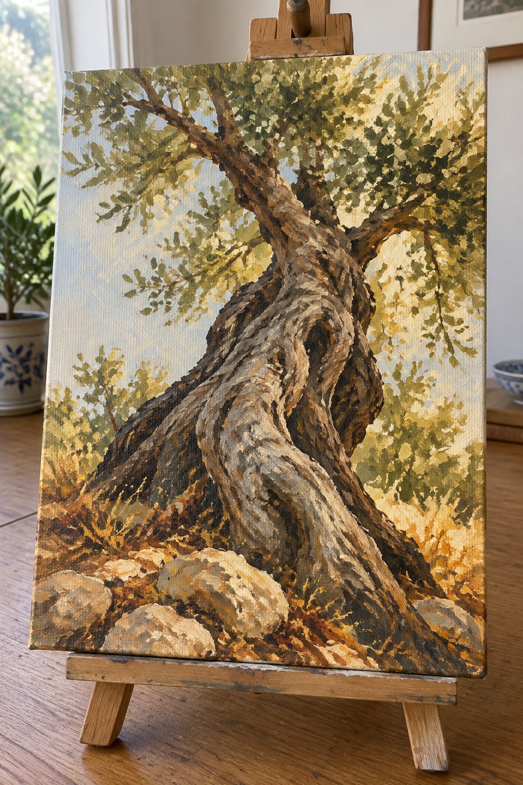 Gnarled tree with twisted trunk and green foliage in rocky landscape painting on easel