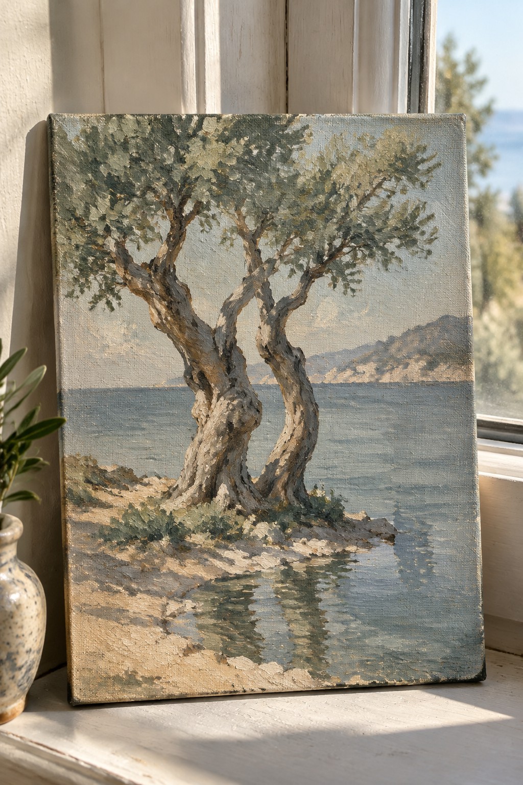 Oil painting of gnarled tree by the sea on a sunny windowsill
