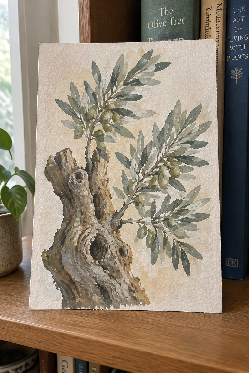 Watercolor painting of gnarled olive tree with green leaves and olives on wood
