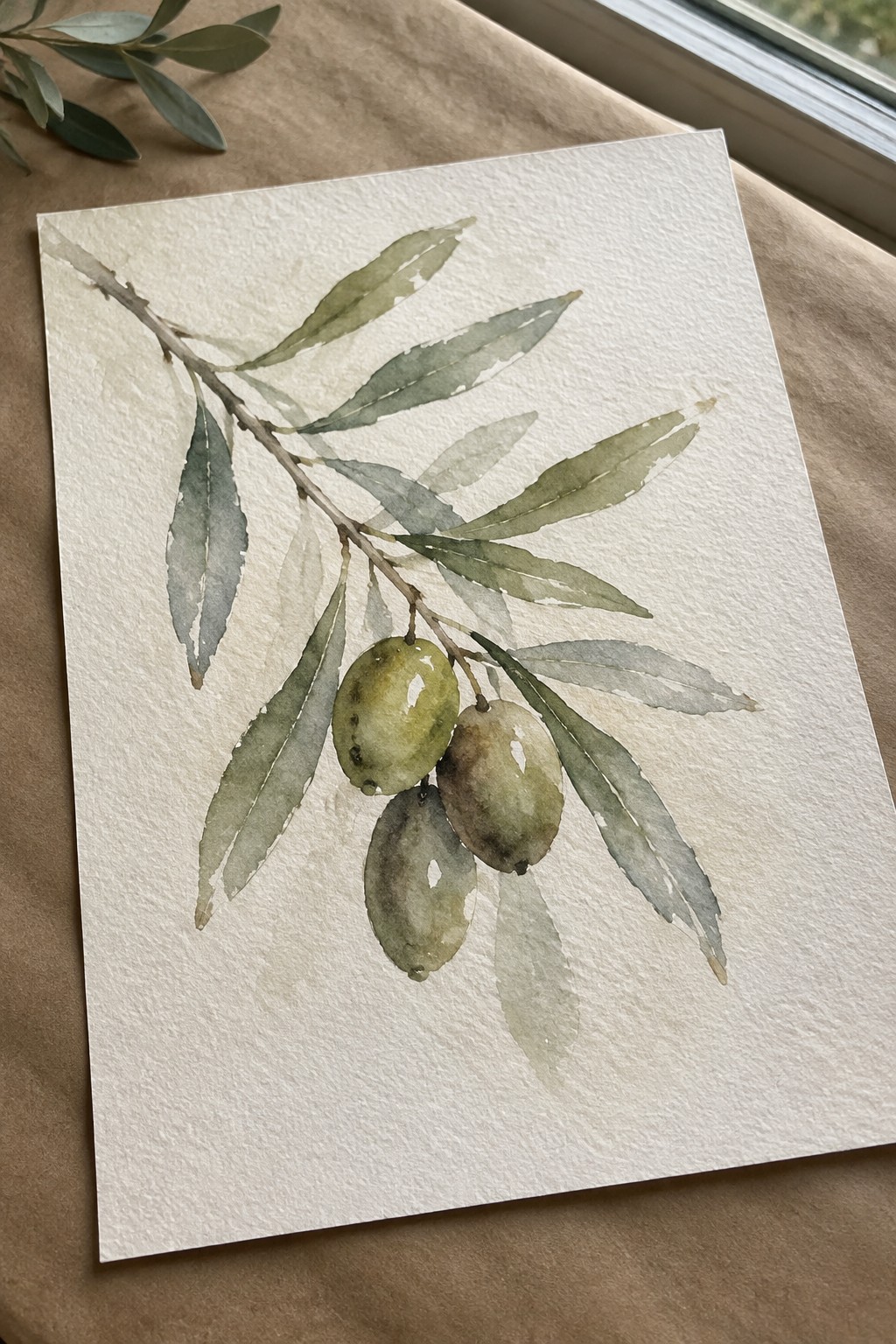 Watercolor painting of olive branch with green olives on white paper over brown fabric