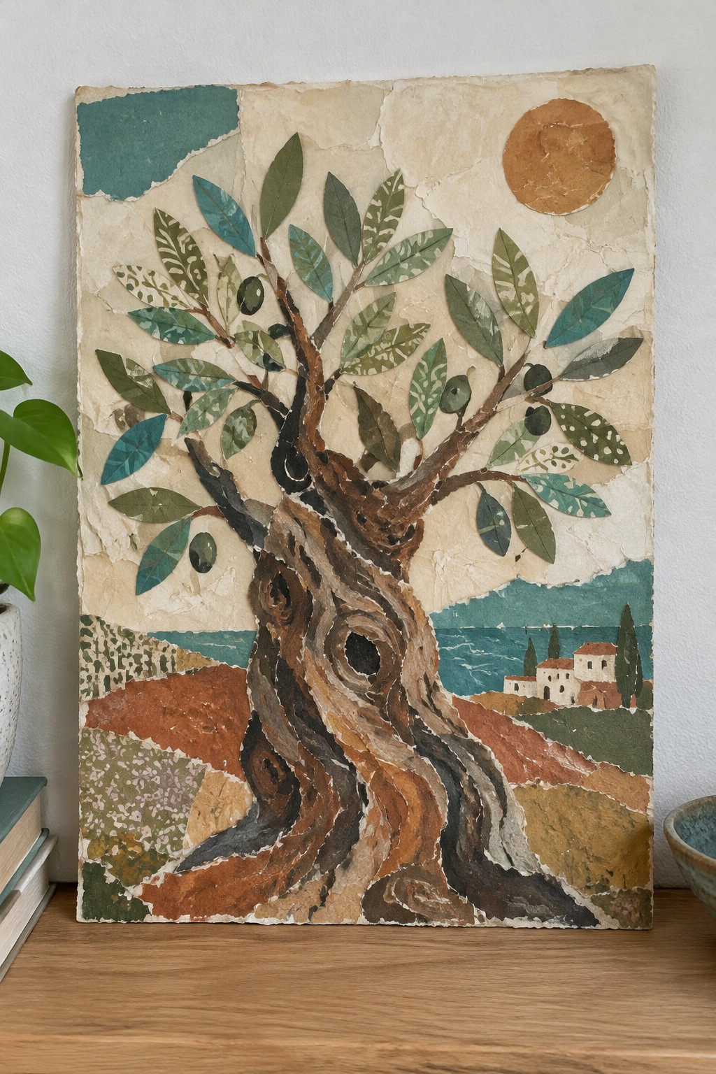 Textured collage of gnarled olive tree with green leaves, olives, sea, hills, and village.