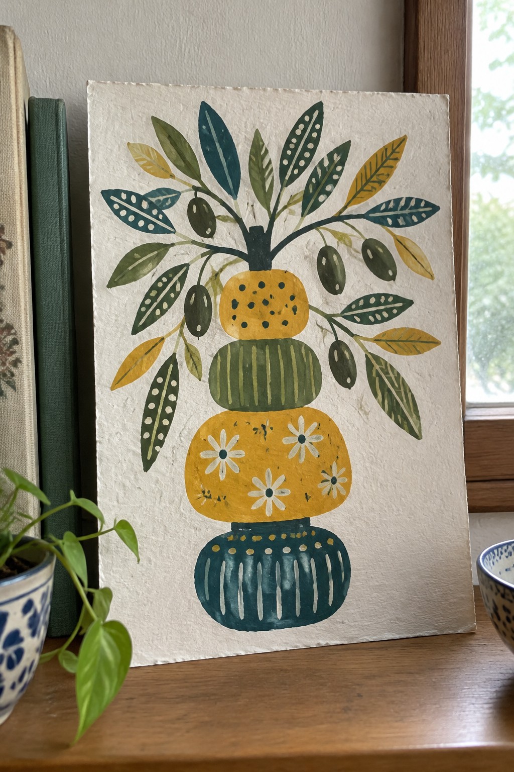 Folk-style painting of stacked patterned vases with olive branches and leaves