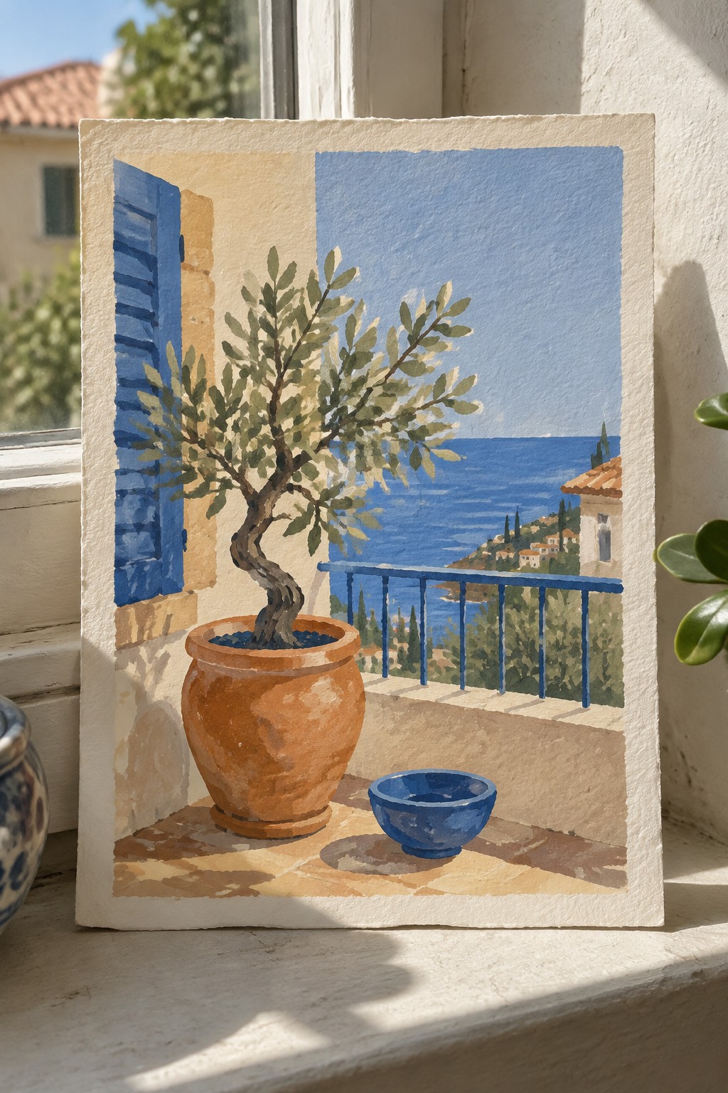 Watercolor of potted olive tree on sunny balcony with blue bowl and sea view.