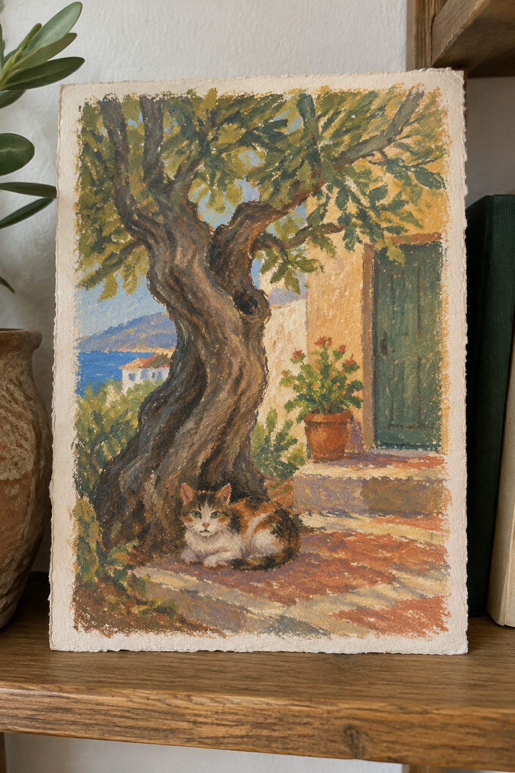 Calico cat rests under twisted tree by house with green door and sea view