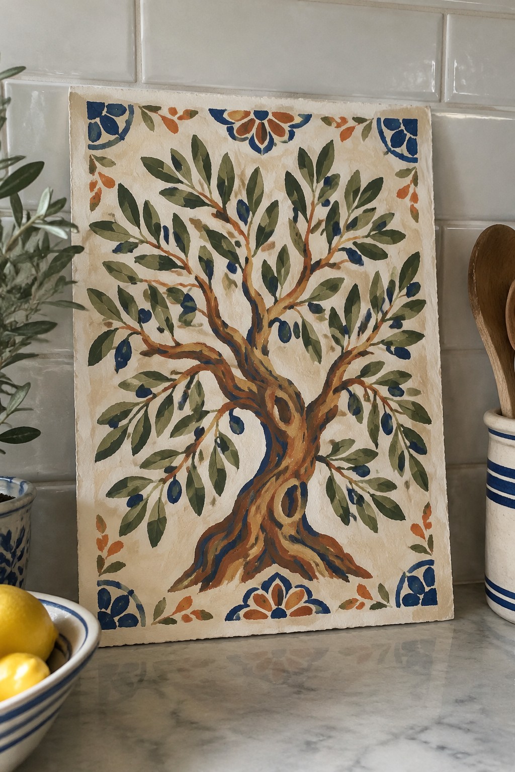 Watercolor olive tree painting with blue olives and decorative borders on marble counter