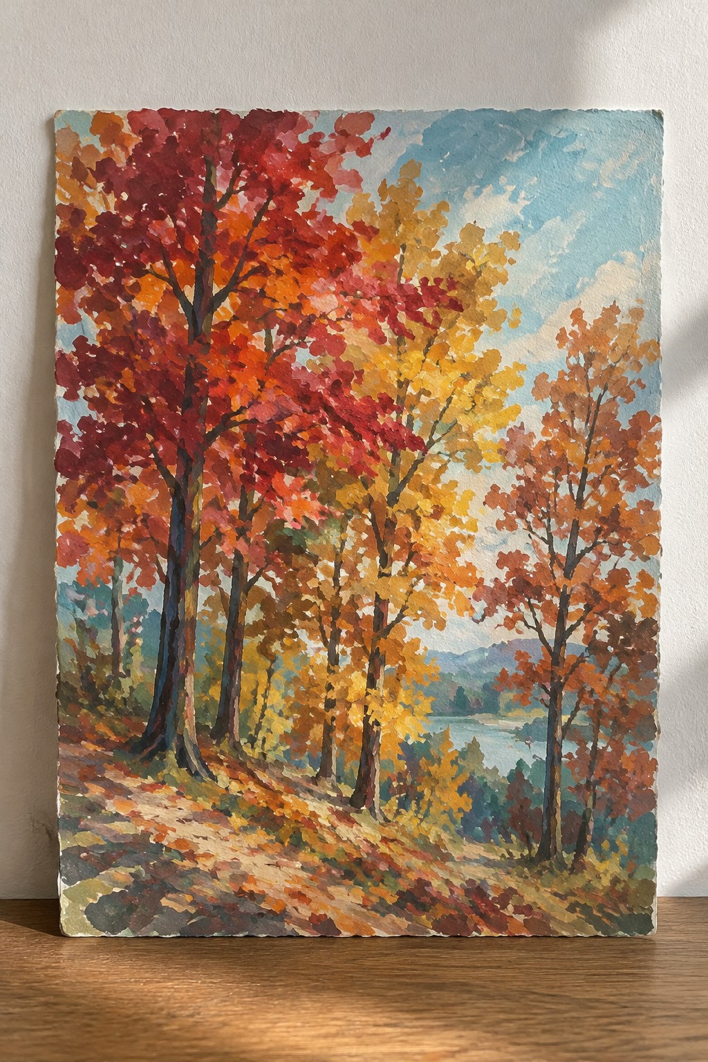 Vibrant autumn forest painting with red, orange and yellow trees along a winding path by a lake.