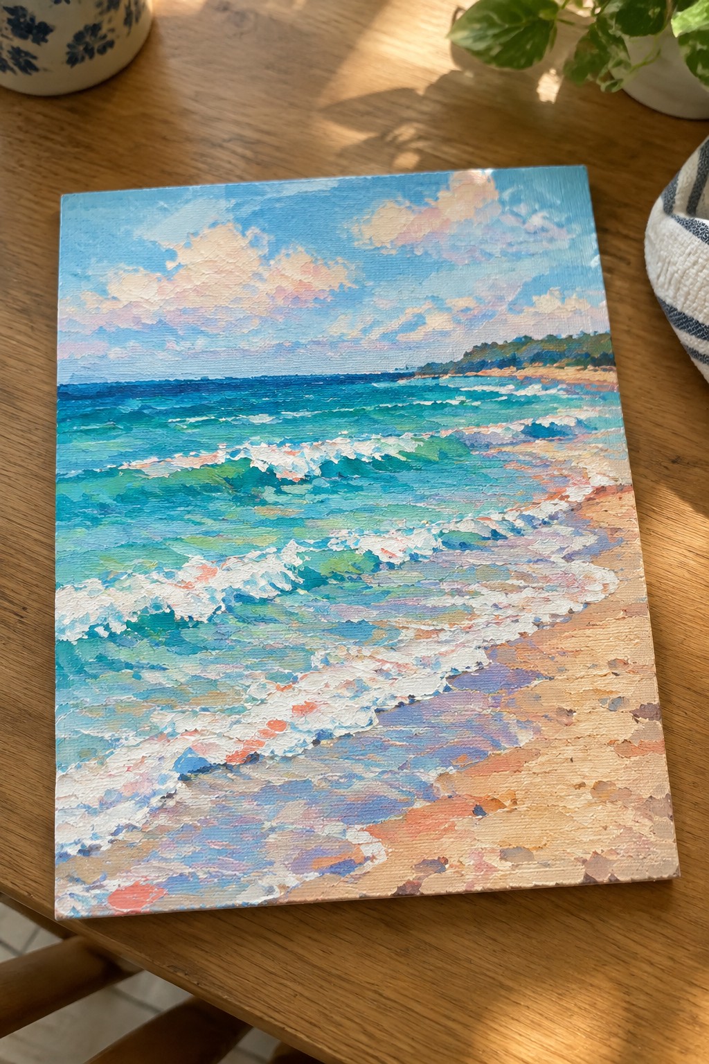 Vibrant seascape painting of turquoise waves crashing on a sandy beach under clouds