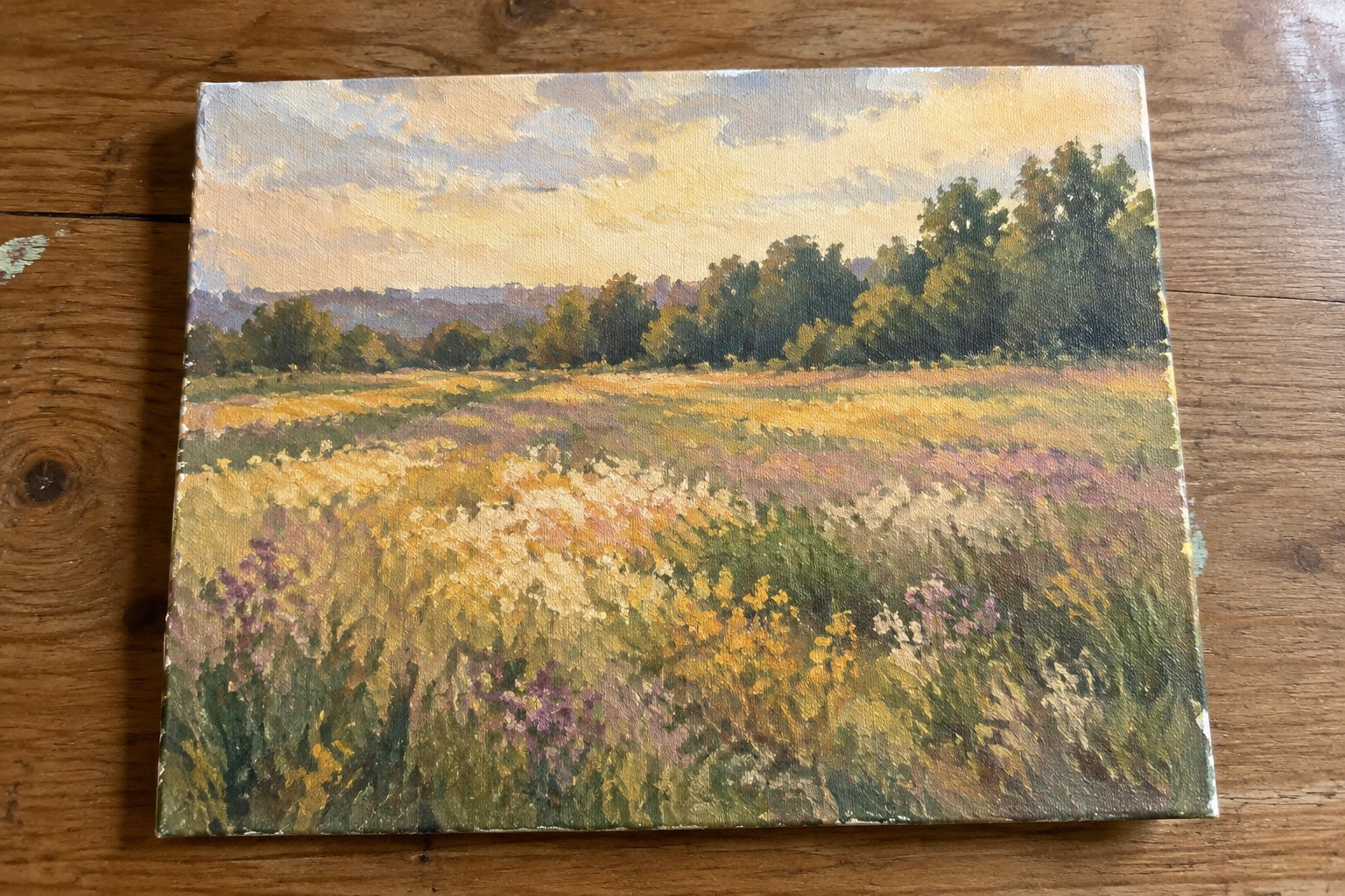 Painterly canvas of a wildflower meadow at sunset with trees and colorful sky.