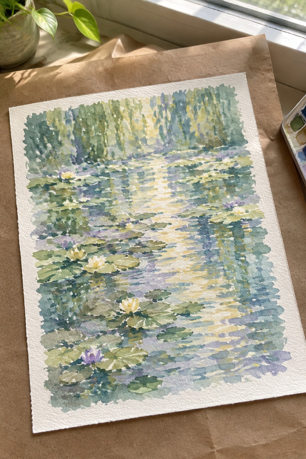 Watercolor painting of pond with lily pads, flowers, and trees in soft greens and blues