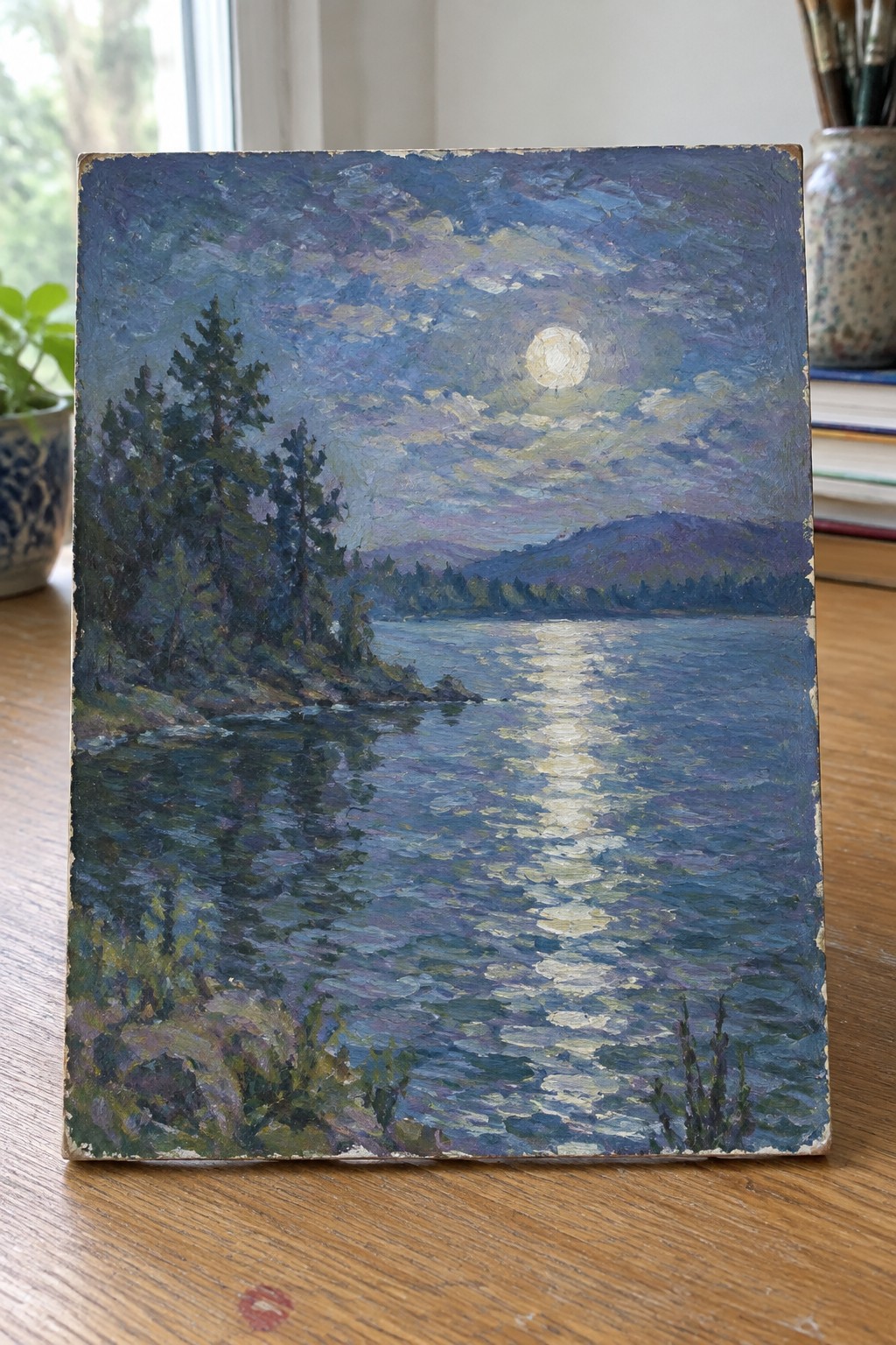 Impressionist oil painting of full moon reflecting on lake with pine trees and hills
