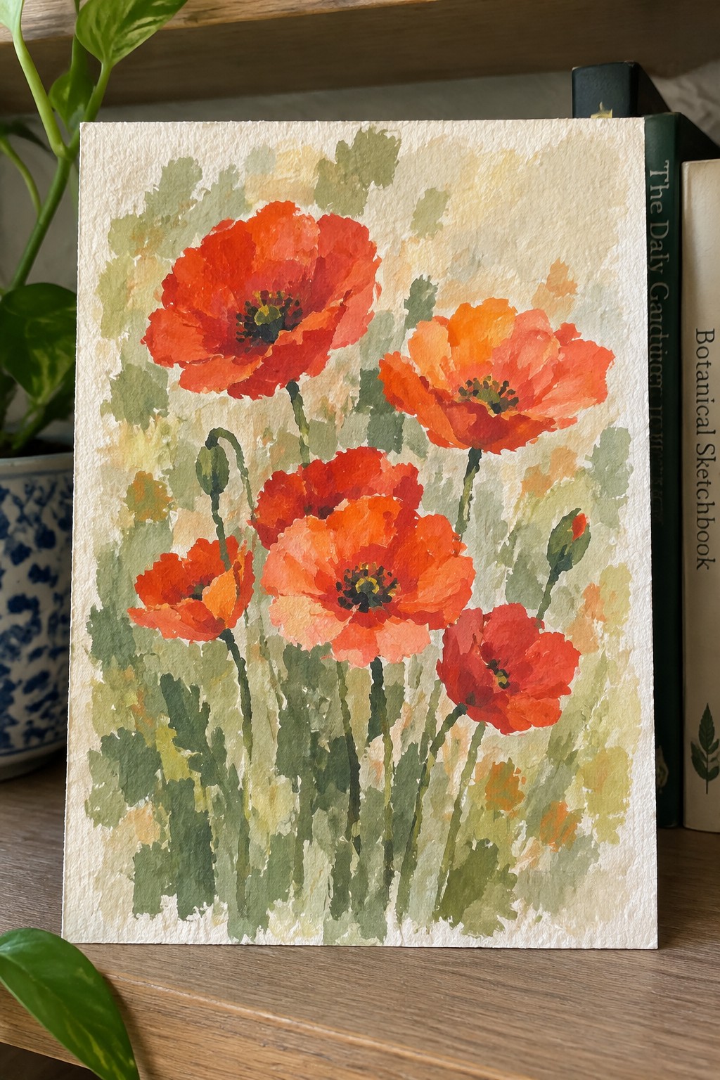 Watercolor painting of vibrant red and orange poppies with green stems and leaves