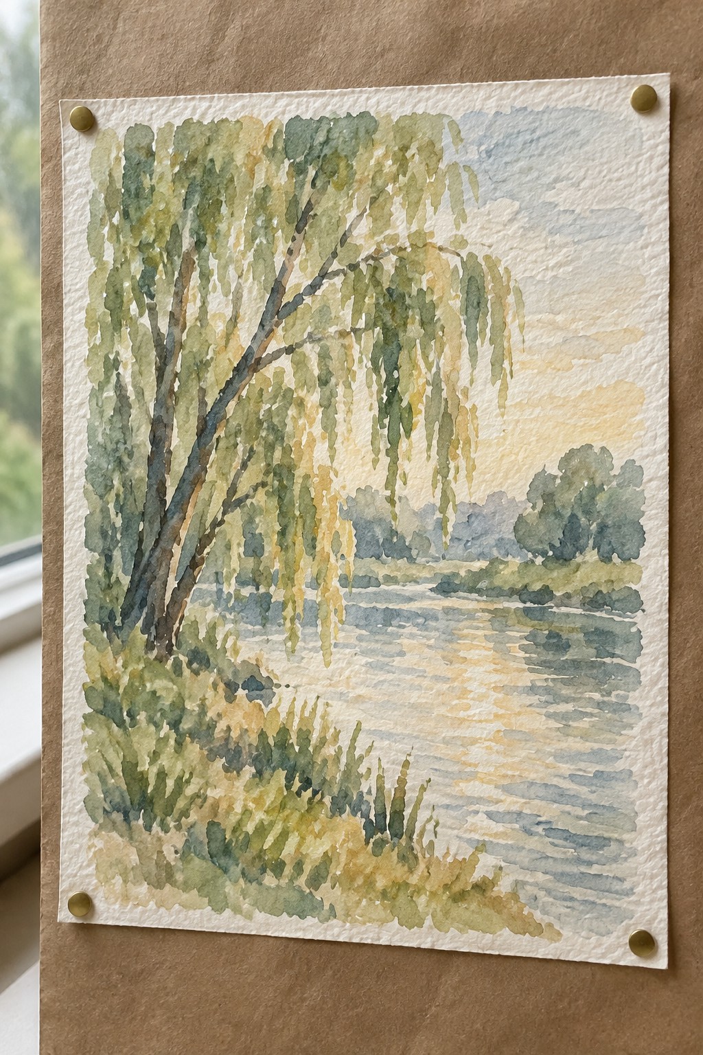 Watercolor landscape of weeping willow tree by calm reflective river at sunset