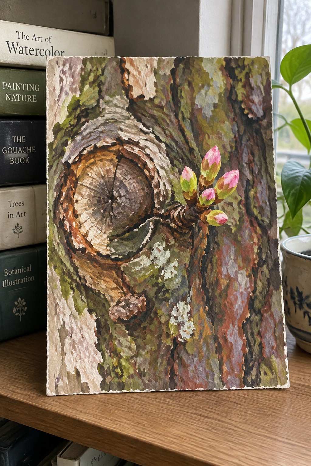 Watercolor painting of tree trunk rings with pink buds propped on art books