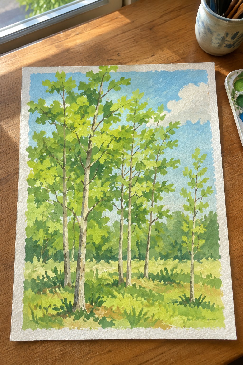 Watercolor painting of white-trunked trees in green meadow under blue sky on wooden table