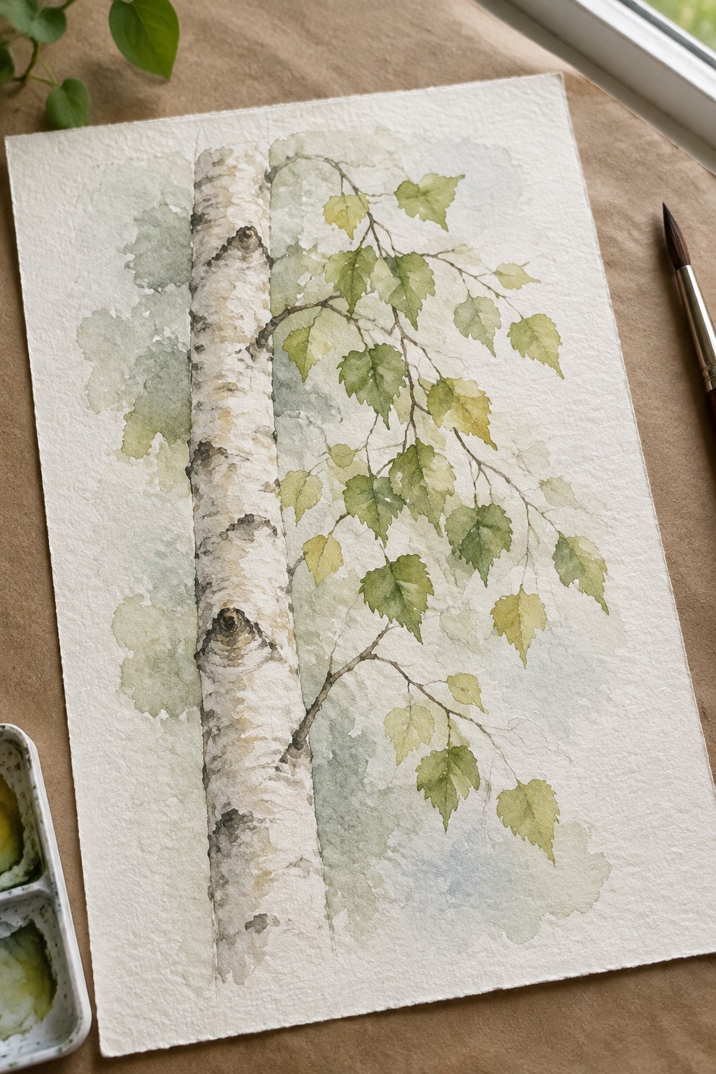 Watercolor painting of birch tree trunk and green leaves with paintbrush and palette nearby