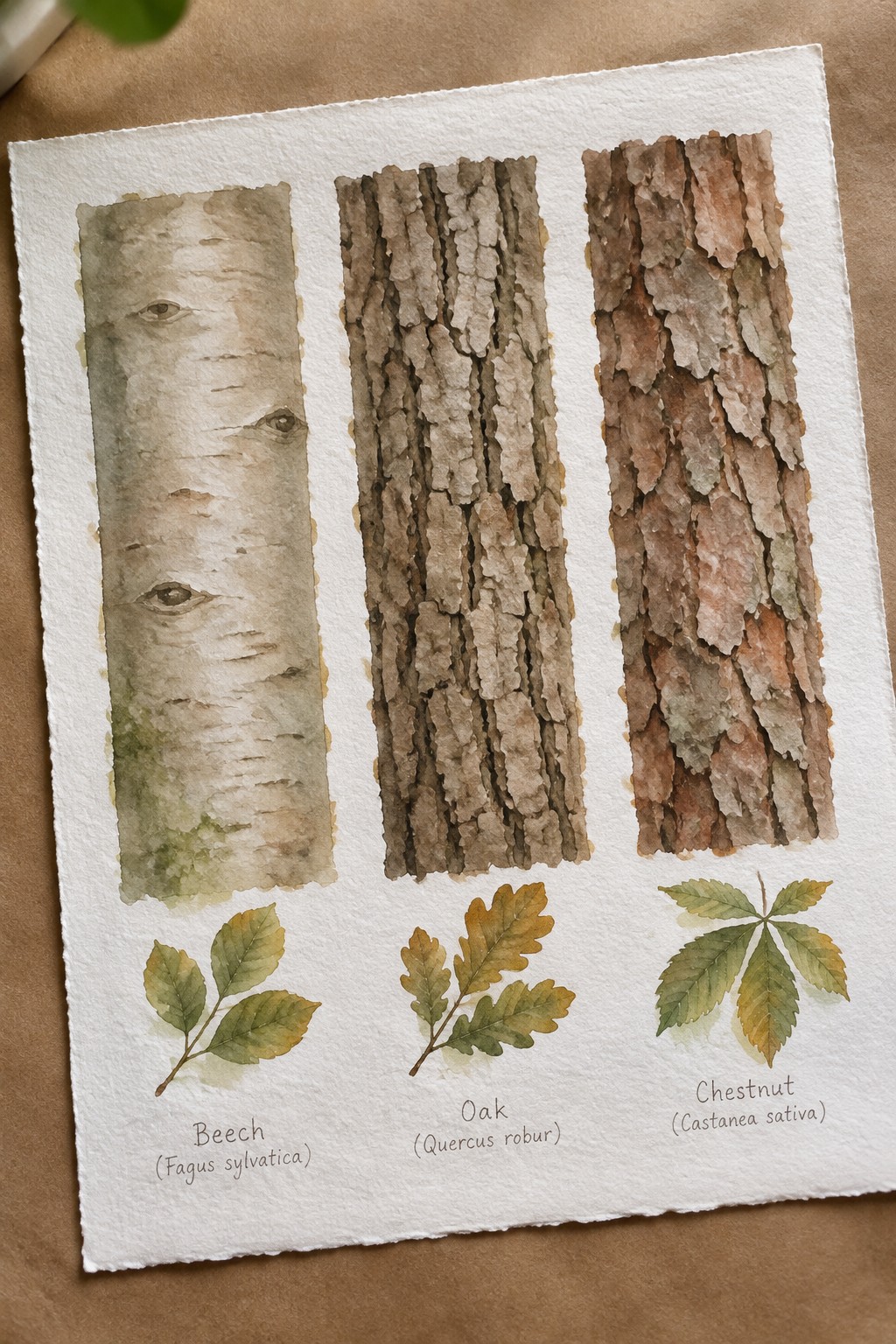 Watercolor painting of three tree barks with beech, oak, and chestnut leaves below.