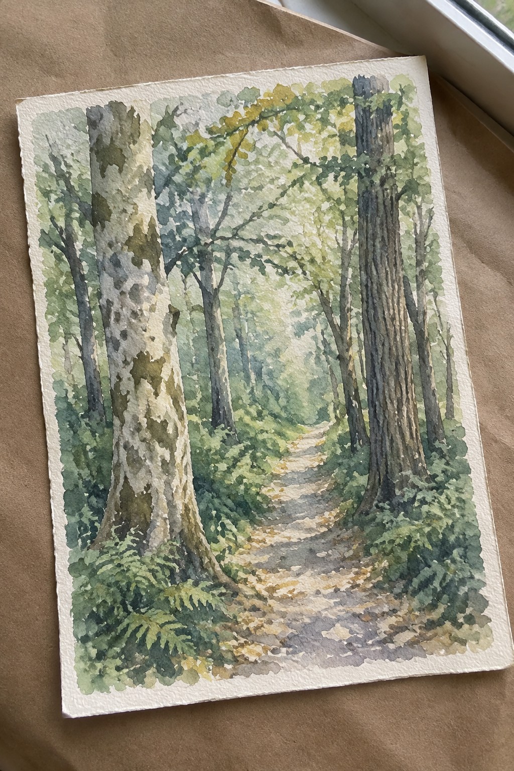 Watercolor painting of a winding dirt path through sunlit forest trees and ferns.