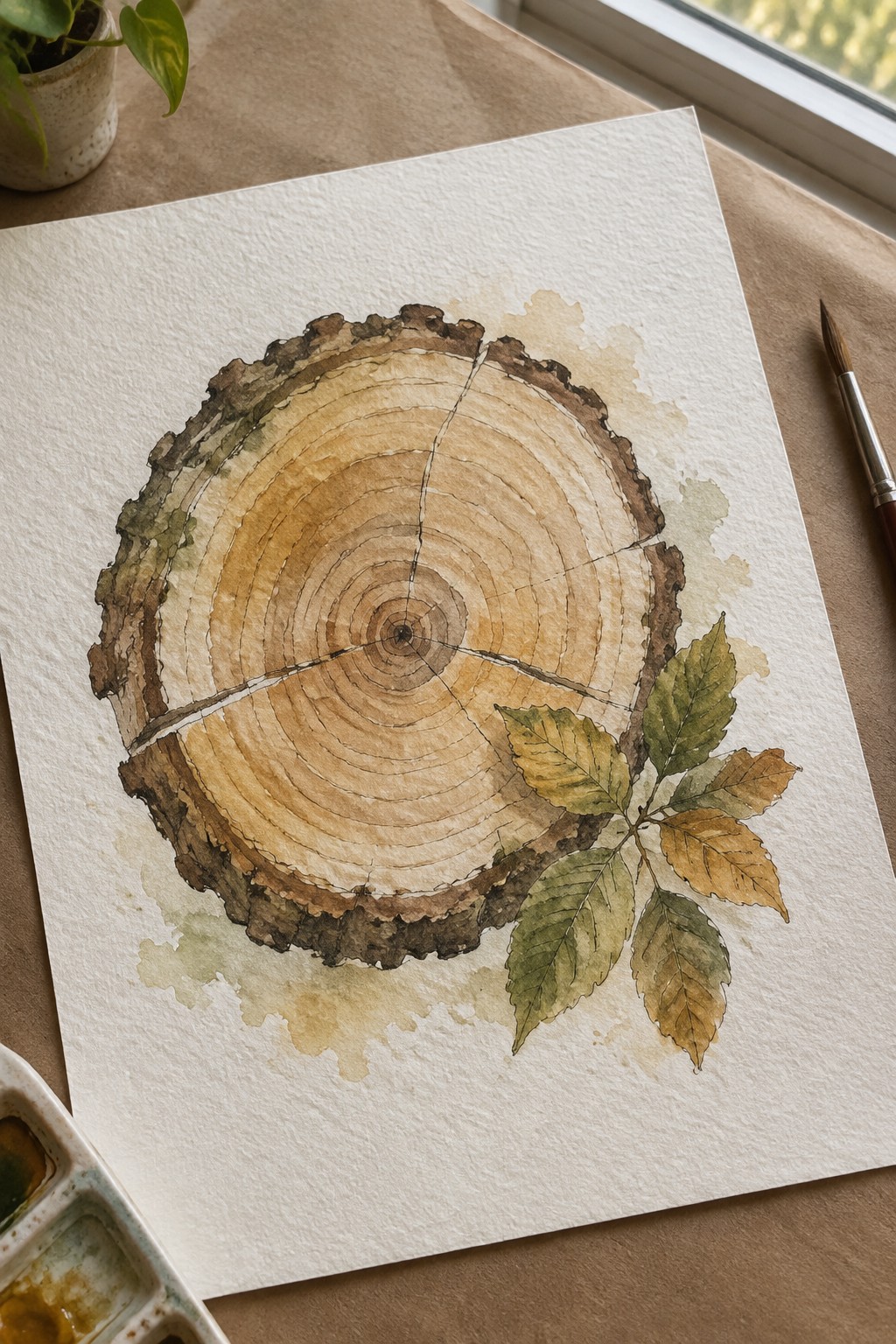 Watercolor painting of tree rings with leaves beside paintbrush and palette