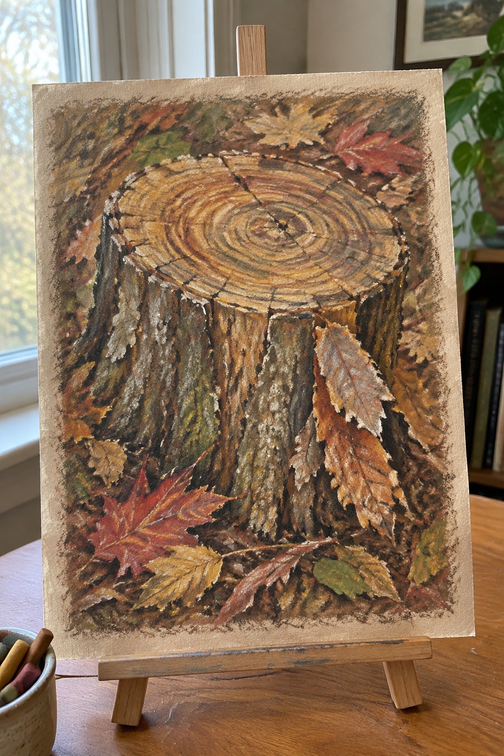 Tree stump painting with vibrant autumn leaves on wooden easel in room