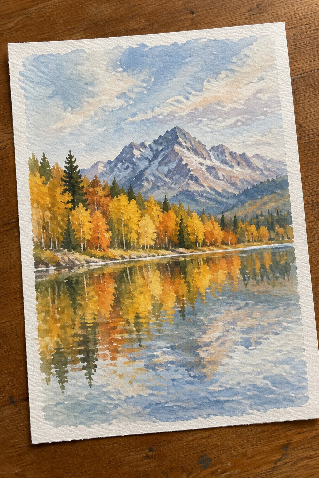 Watercolor painting of a lake with autumn trees along the shore, their reflections visible in the water, and snow-capped mountains rising in the background under a cloudy sky.