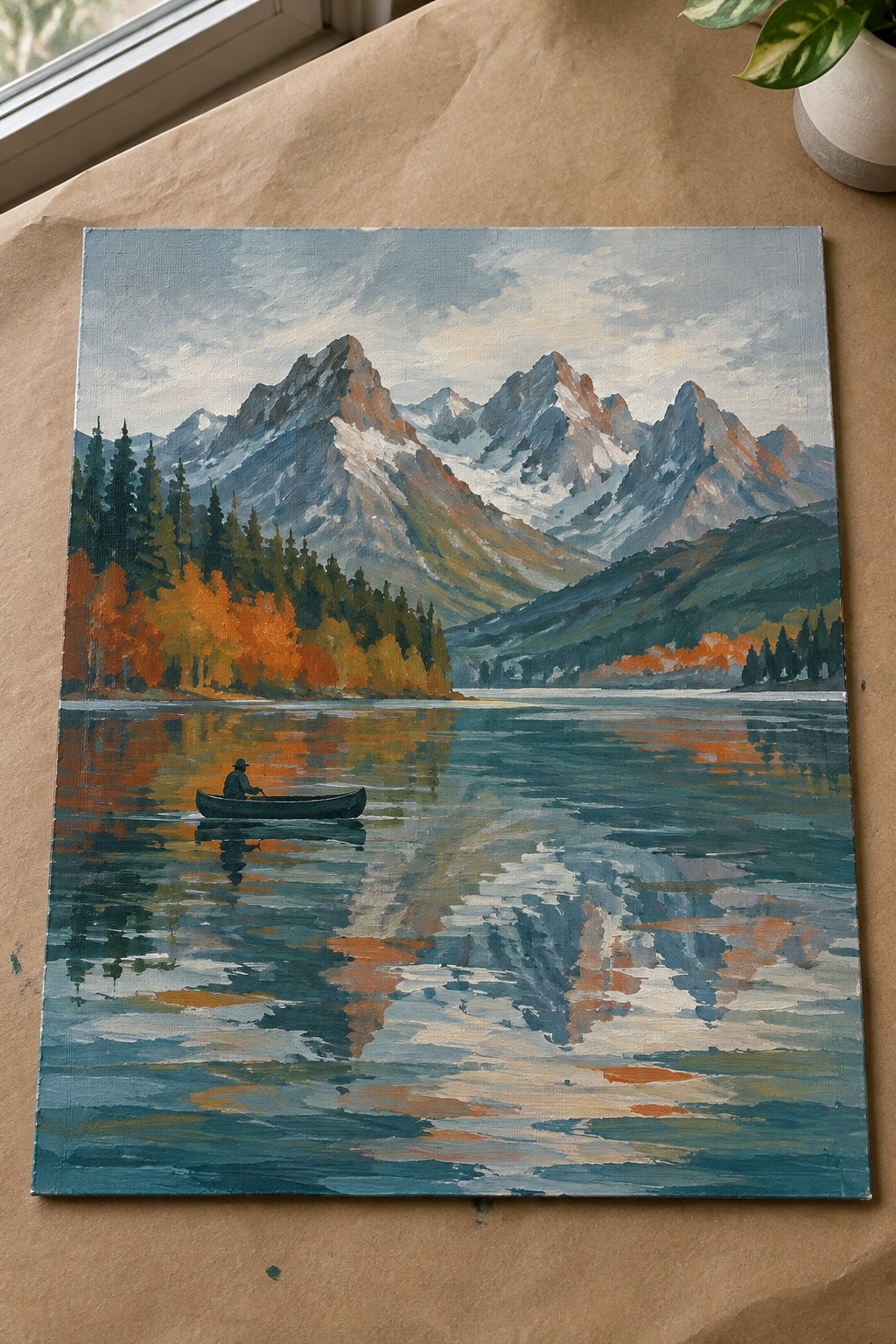 Oil painting of a lone rower in a boat on a reflective mountain lake with autumn trees.