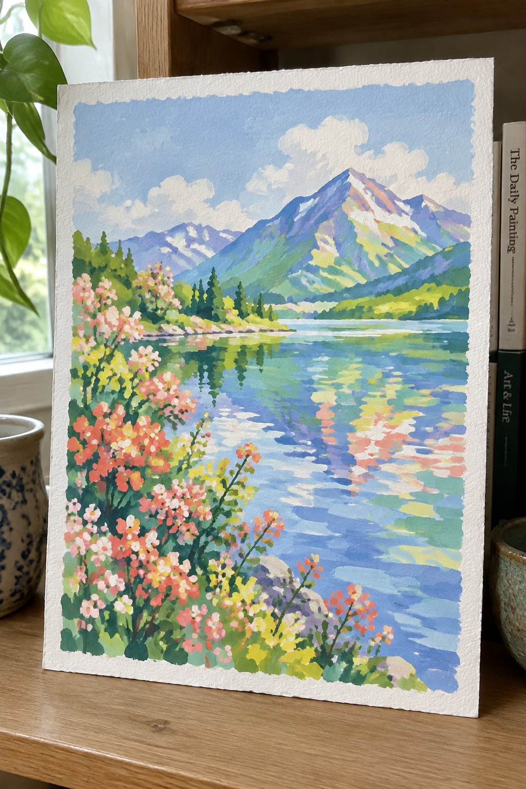 A colorful painting of a mountain lake with vibrant pink, red, and yellow flowers in the foreground and their reflections visible on the blue water, with green and purple mountains in the background.