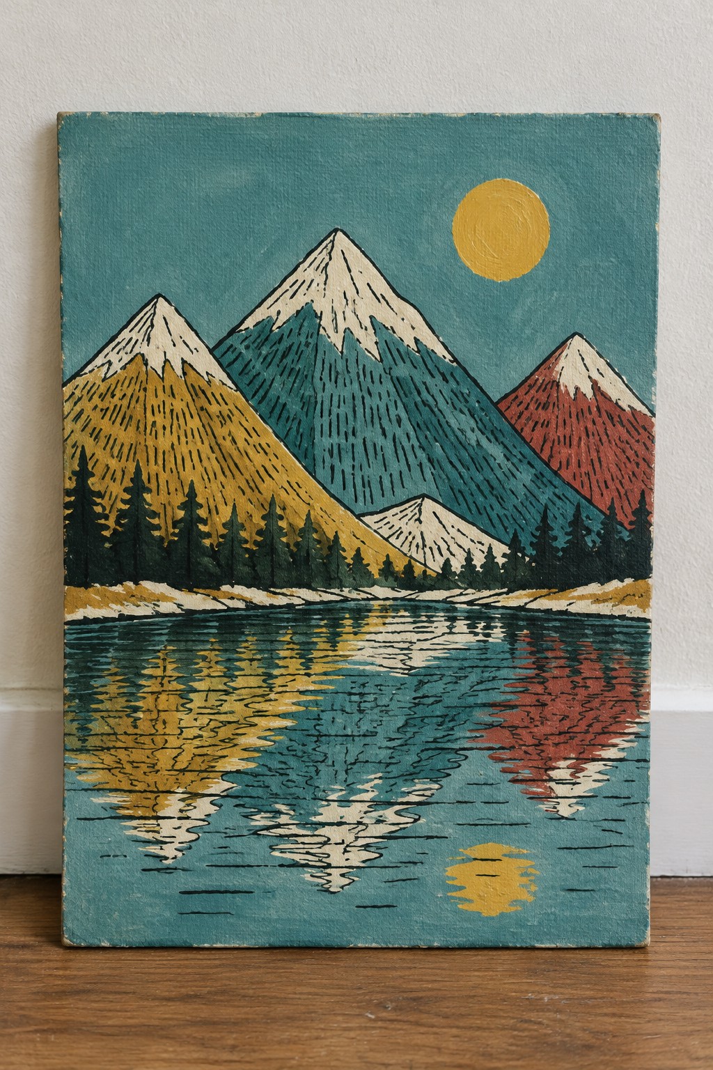 Colorful painting of snow-capped mountains reflected in a rippled teal lake under a yellow sun.
