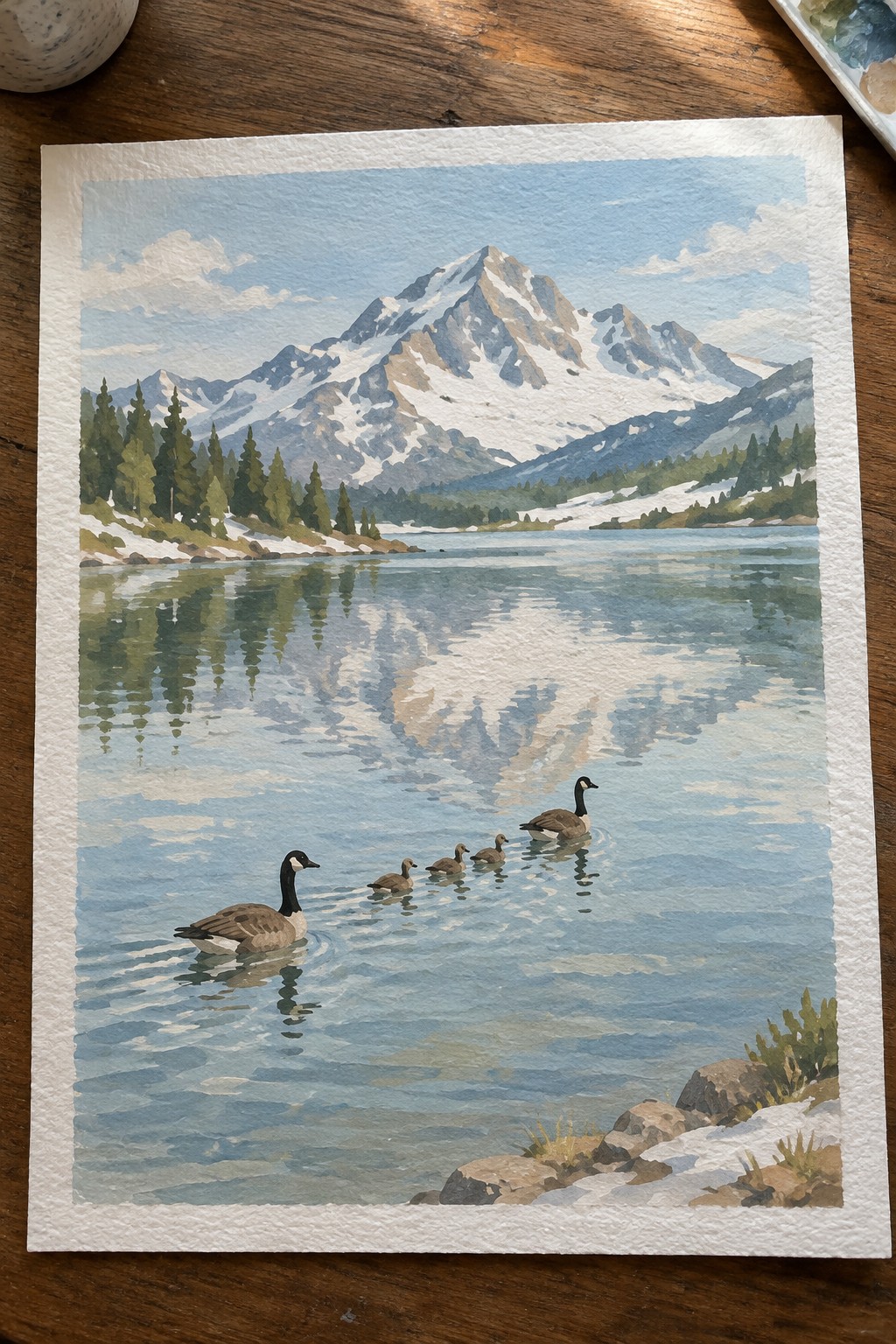 Watercolor of Canada geese swimming on a reflective lake beneath snow-capped mountains.