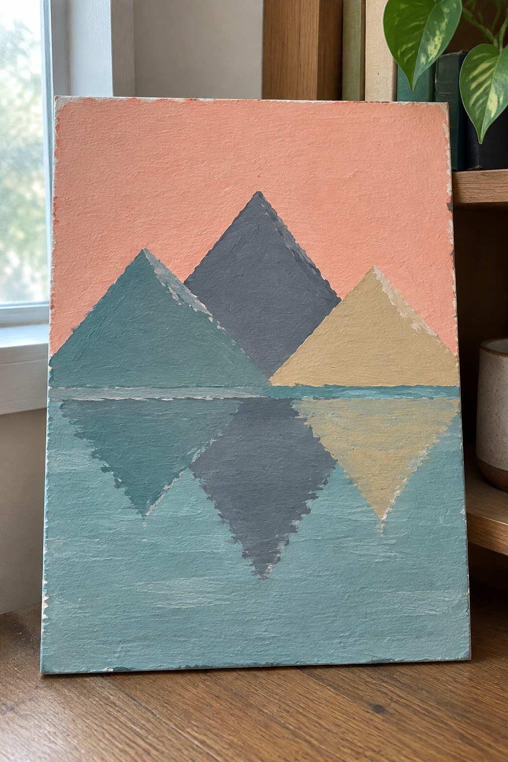 Abstract painting of three mirrored triangles in teal, gray, and gold on coral-teal background