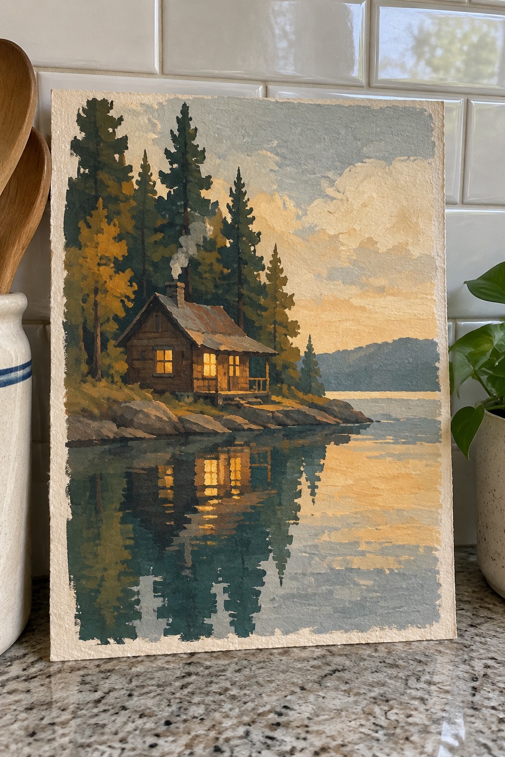 Wooden cabin with glowing windows reflected in calm lake amid tall pine trees at sunset