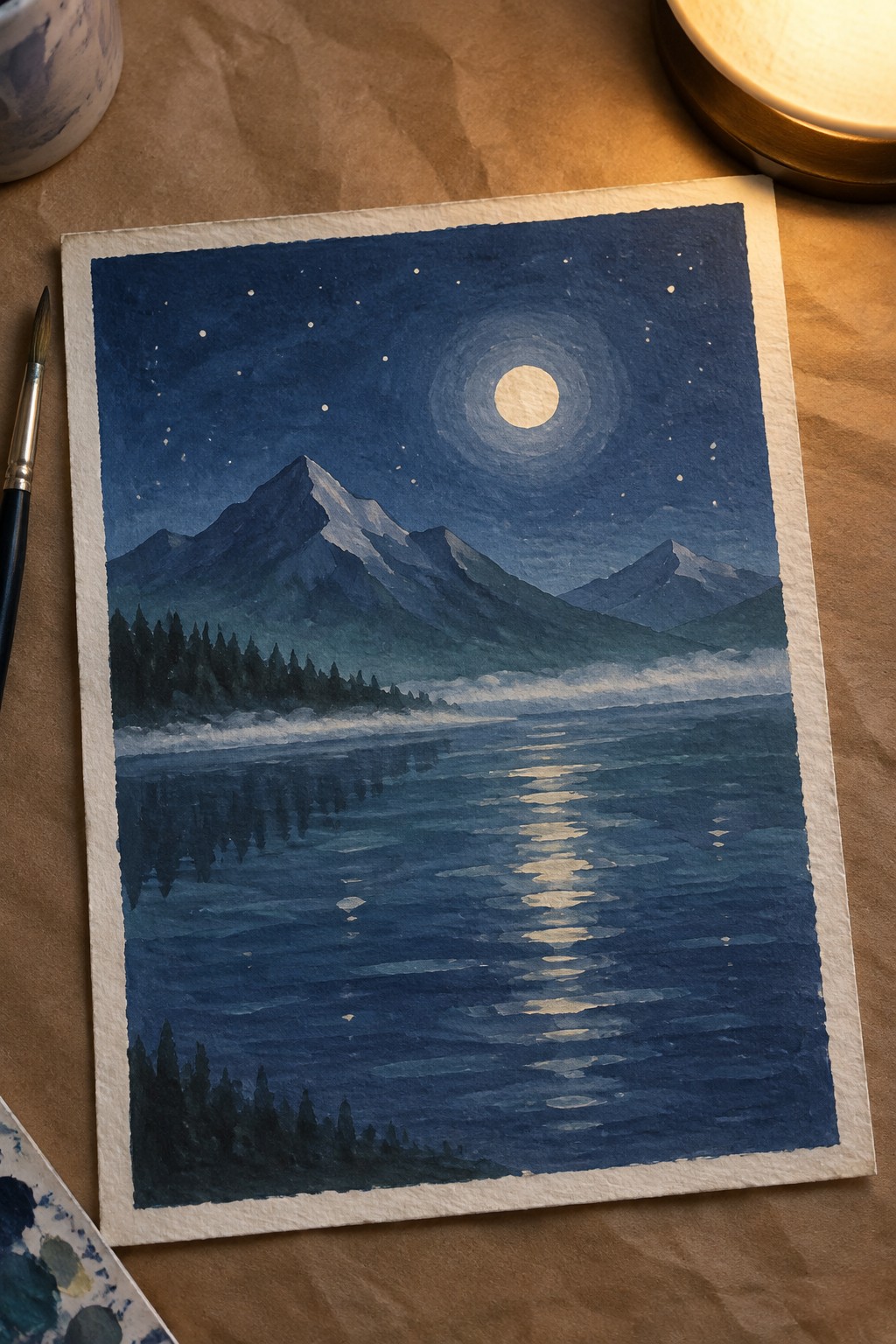 A dark blue watercolor painting of mountains and a lake at night with a full moon and its reflection on the water.