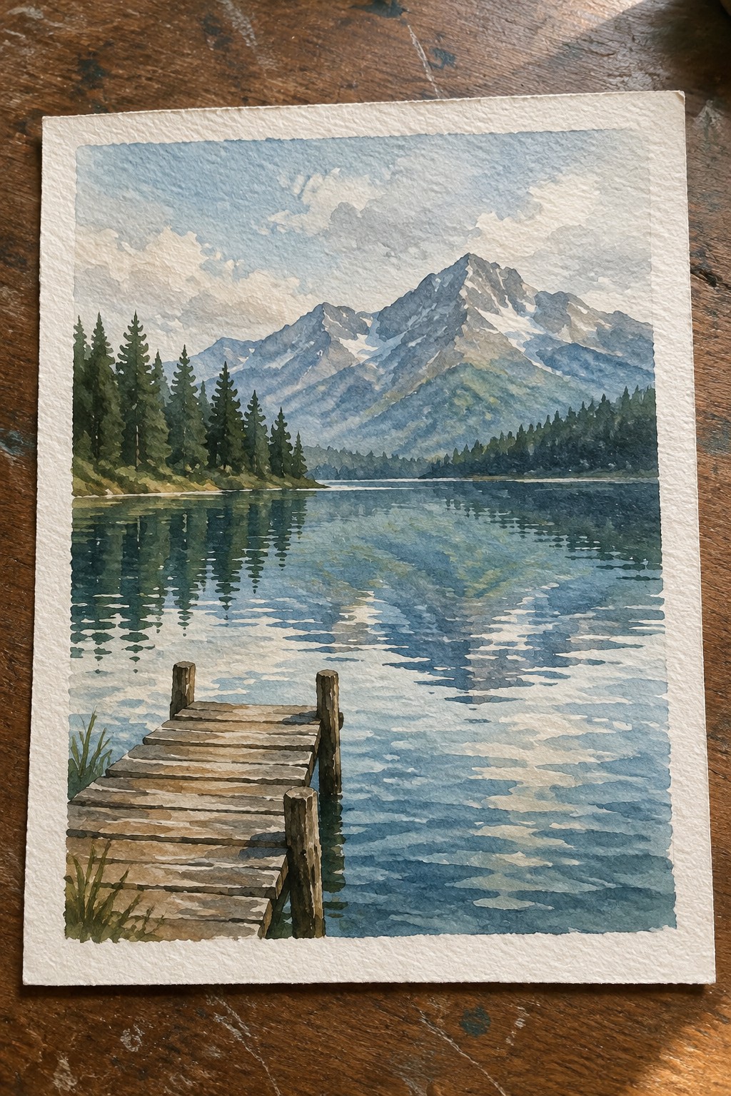 Watercolor of wooden dock on calm lake reflecting snow-capped mountains and pine forests