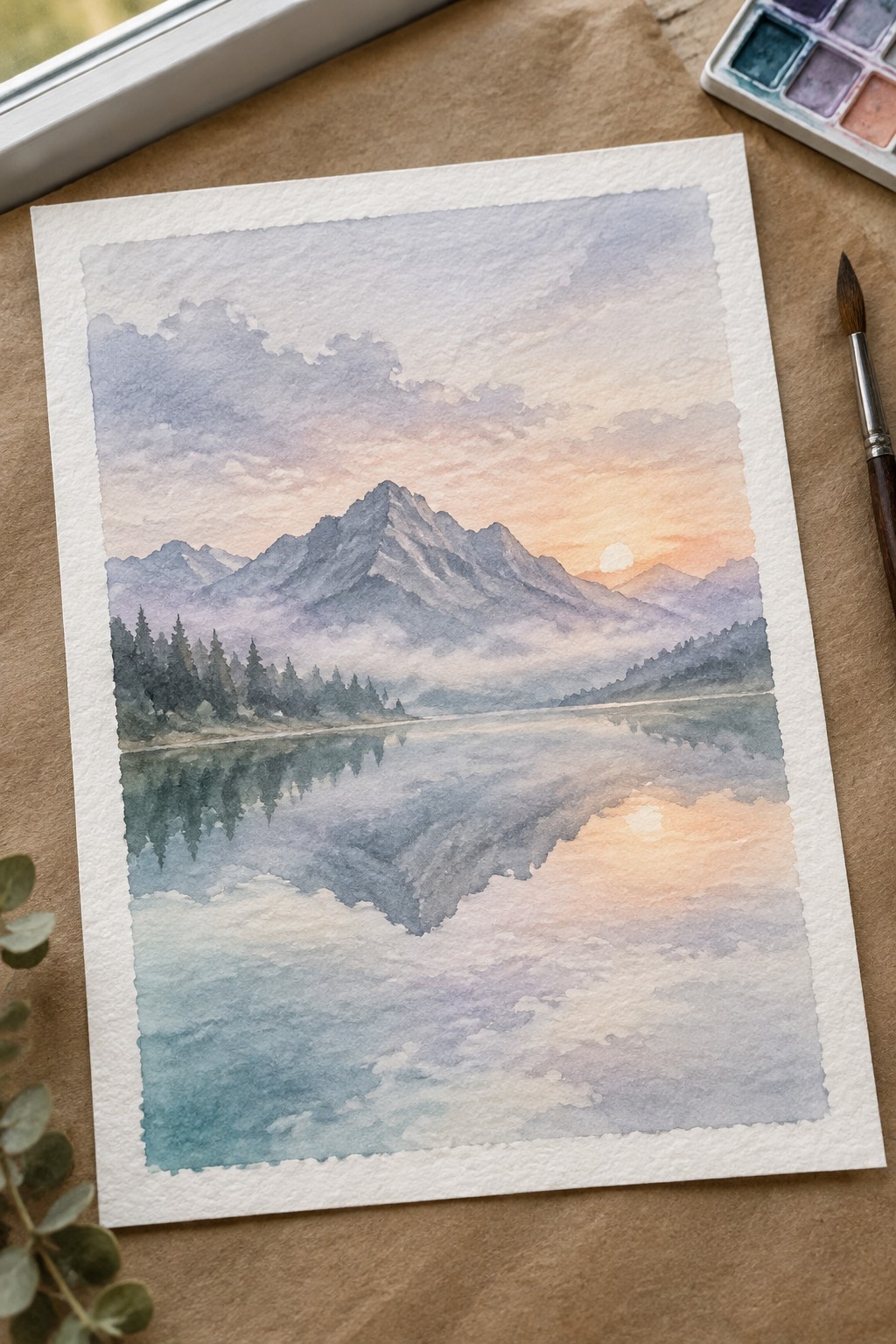 Watercolor painting of misty mountains reflected in lake at orange sunrise with brush and palette