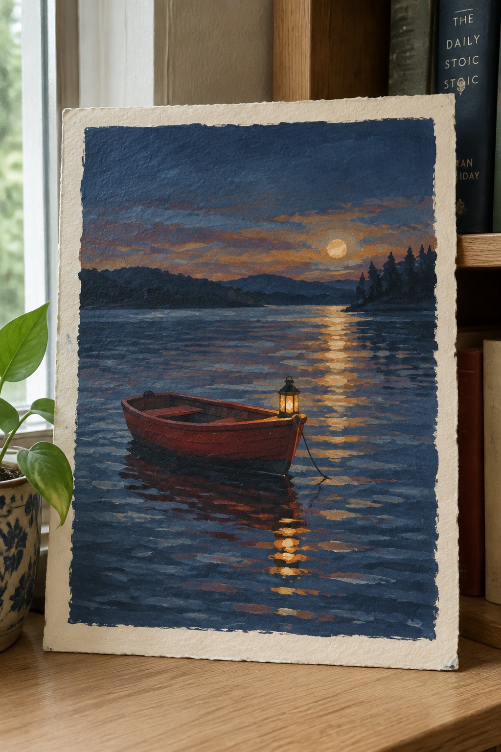 Red rowboat with lantern on calm blue lake reflecting orange sunset and moon