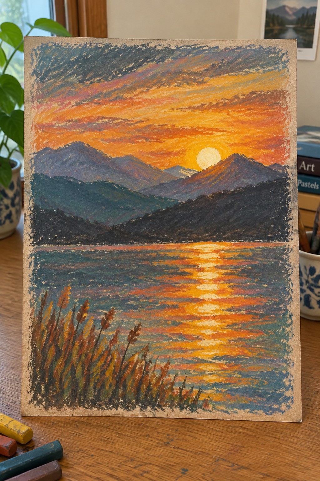Vibrant pastel sunset over purple mountains reflected in glowing lake with foreground reeds