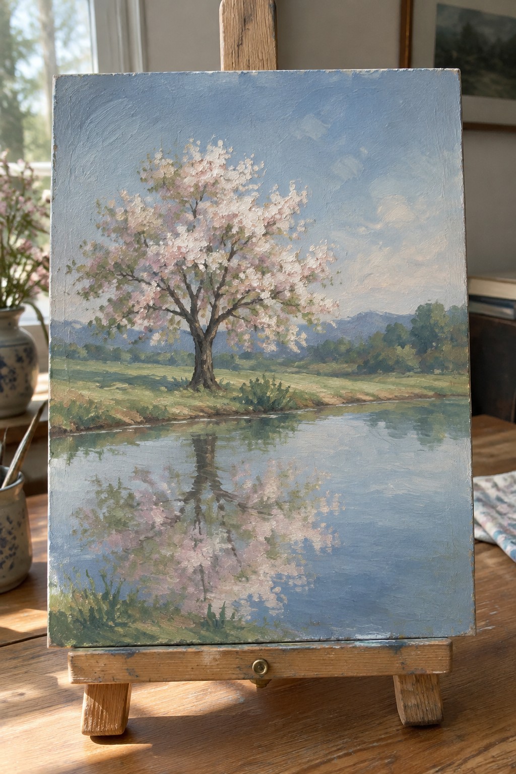 Impressionistic oil painting of cherry tree reflected in river on wooden easel