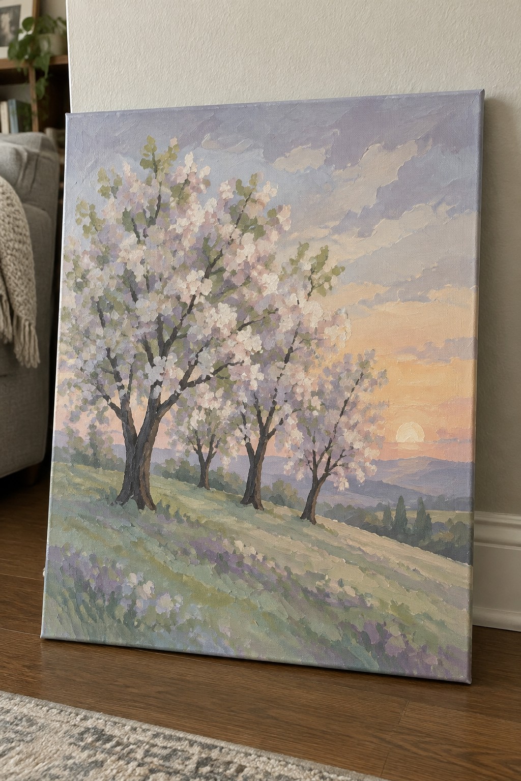 Oil painting of cherry blossom trees blooming at sunset over rolling hills and mountains