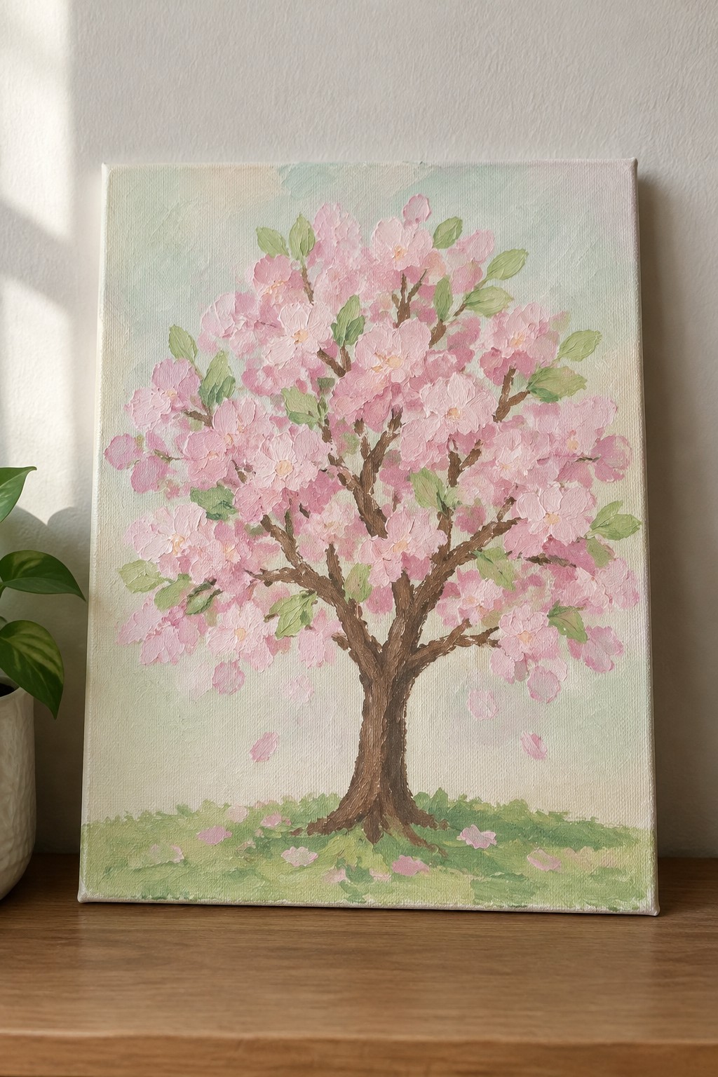 A canvas painting of a cherry blossom tree with pink flowers, brown trunk, and green leaves sits on a wooden surface beside a potted plant.