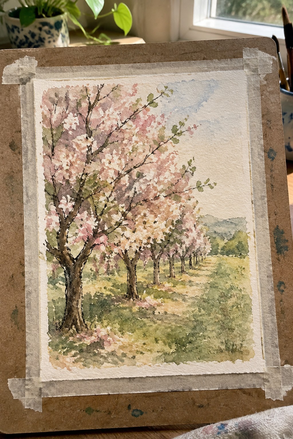 Watercolor painting of pink cherry blossom trees along a grassy path