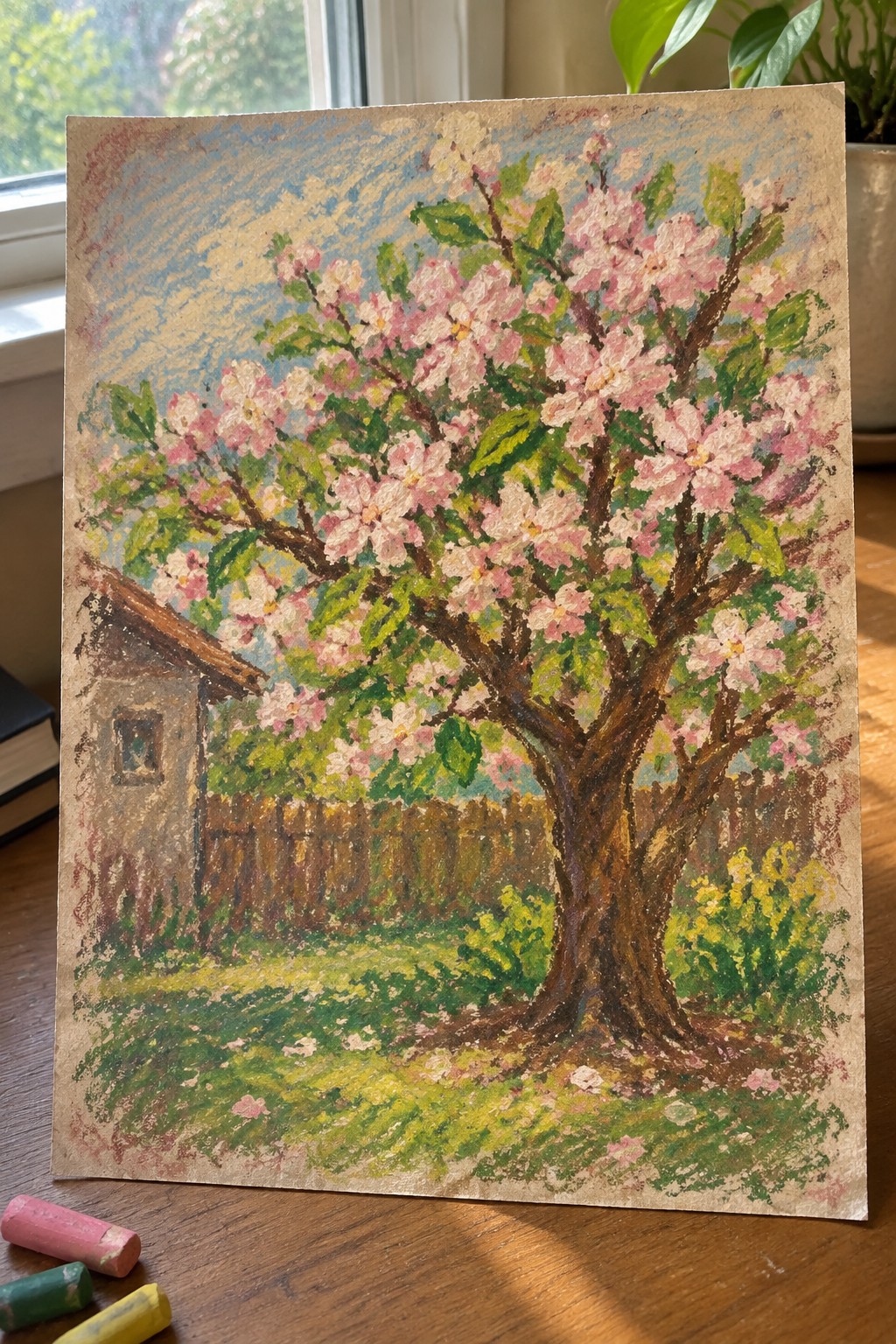 Pastel painting of pink-blossomed tree beside shed, fence, and garden path