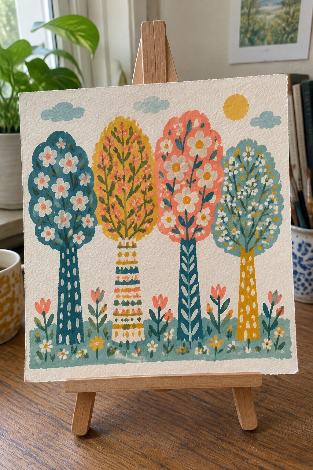 Folk-style watercolor of four blooming trees in blue, yellow, pink and teal on easel