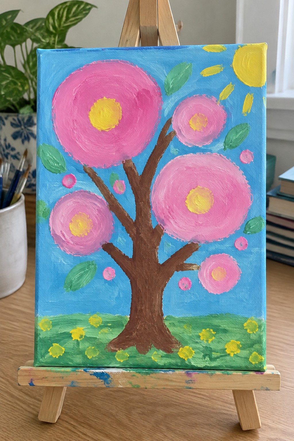 Vibrant painting of pink-blossomed tree with yellow sun on blue sky atop wooden easel.