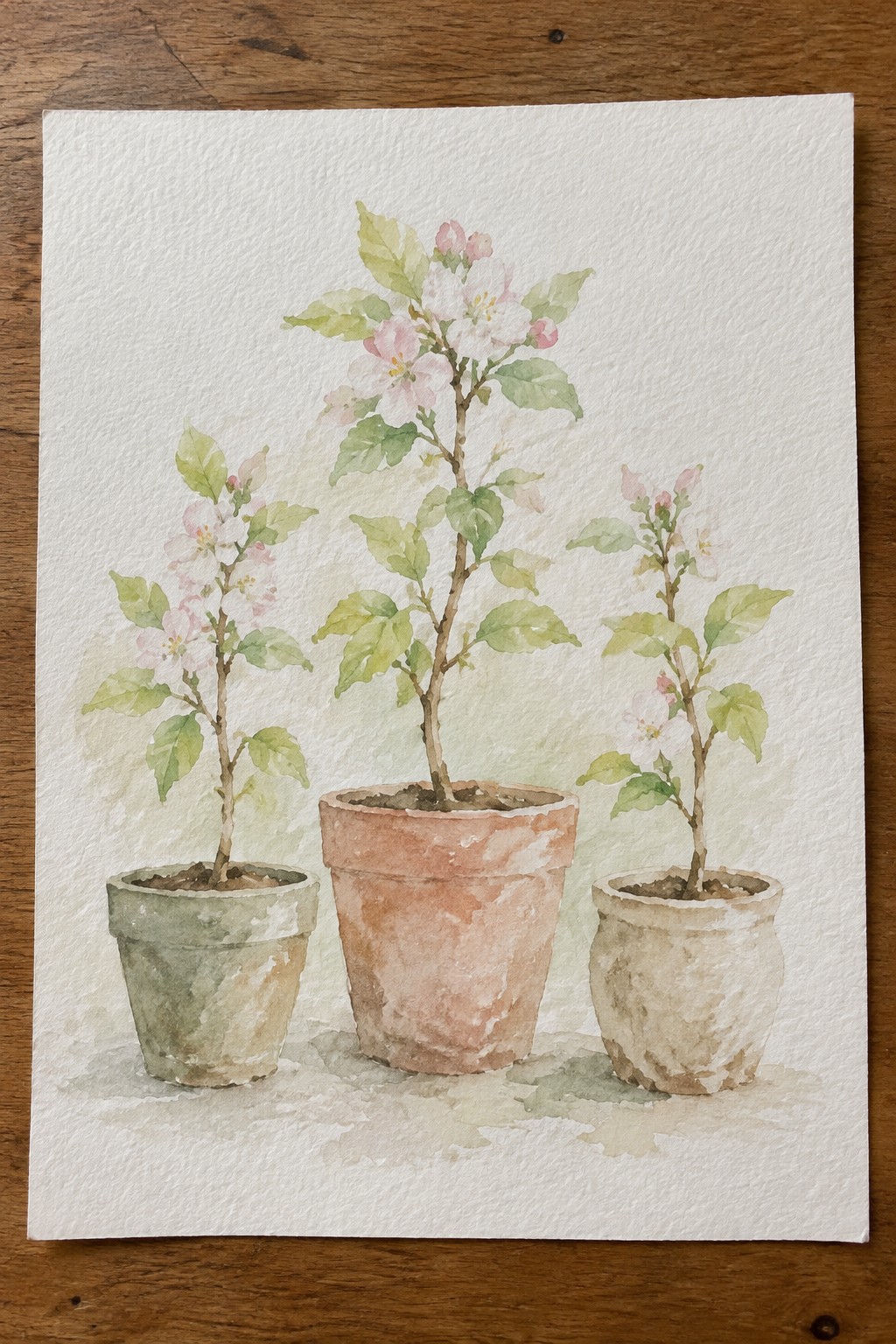 Three potted plants with pink blooms in green, terracotta, and white pots, watercolor