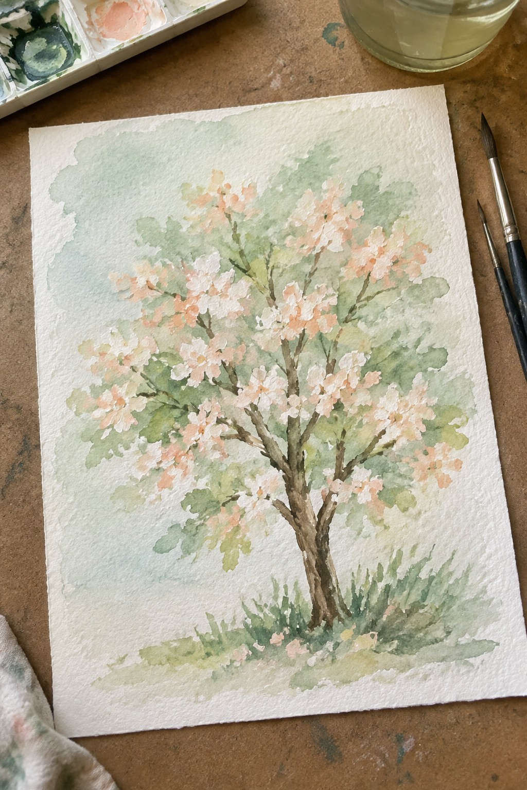 Watercolor painting of pink-blossomed tree with palette, brushes, and water jar nearby