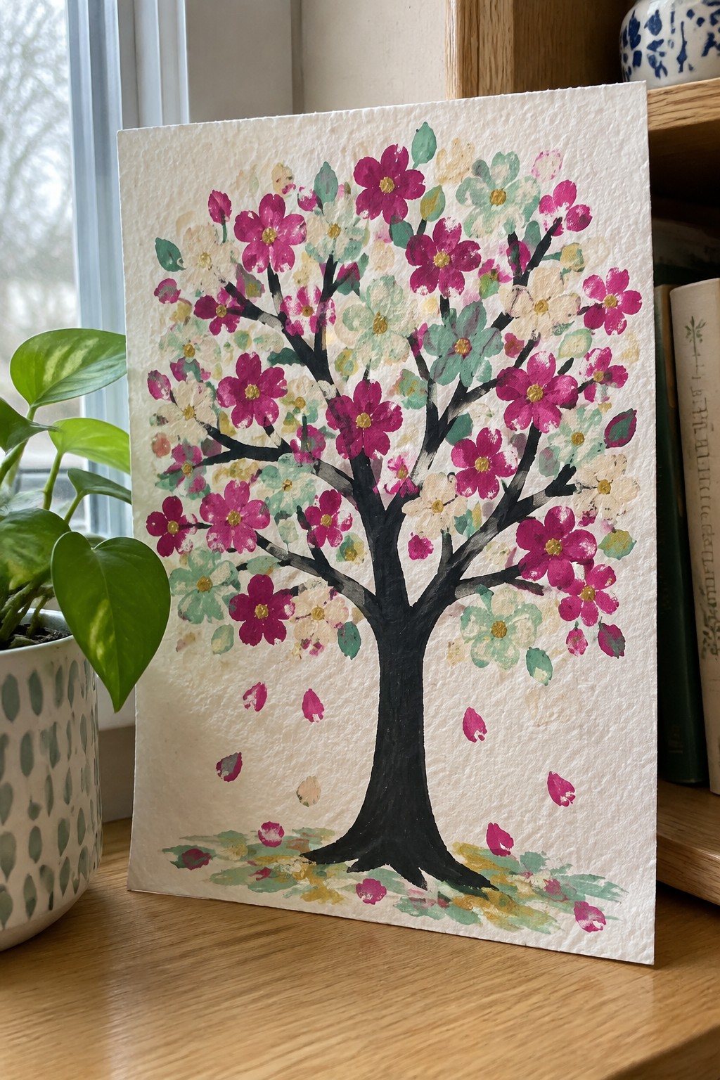 Watercolor painting of blooming tree with magenta flowers, black trunk on wooden table