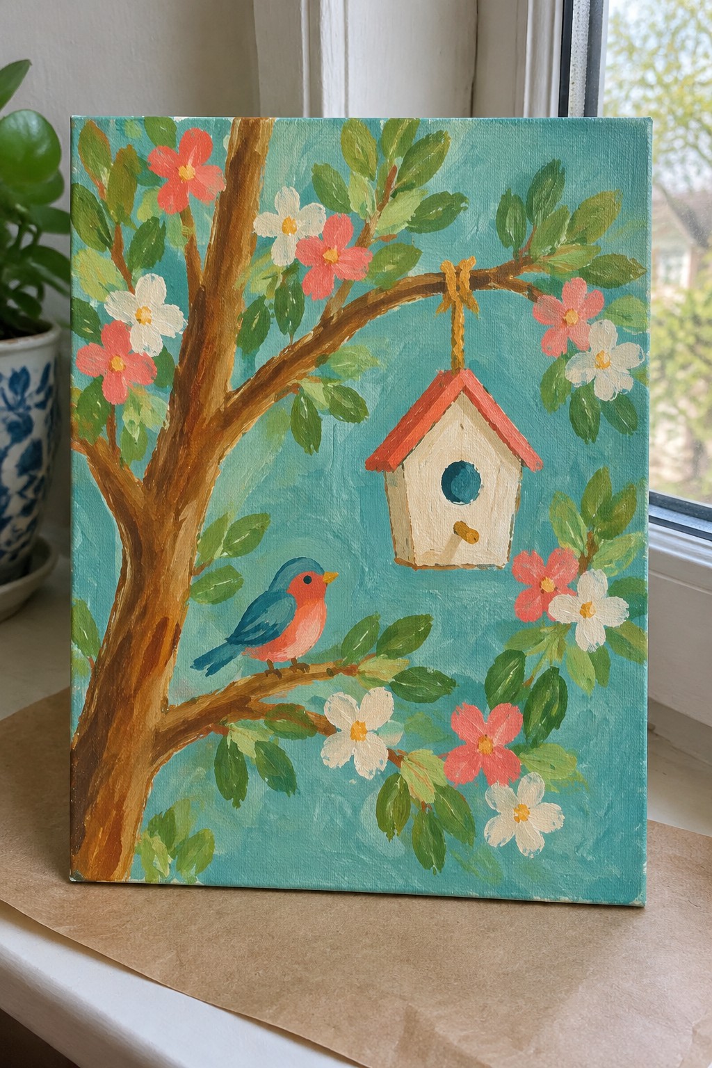 Vibrant painting of tree with pink flowers, blue bird on branch, and hanging birdhouse.
