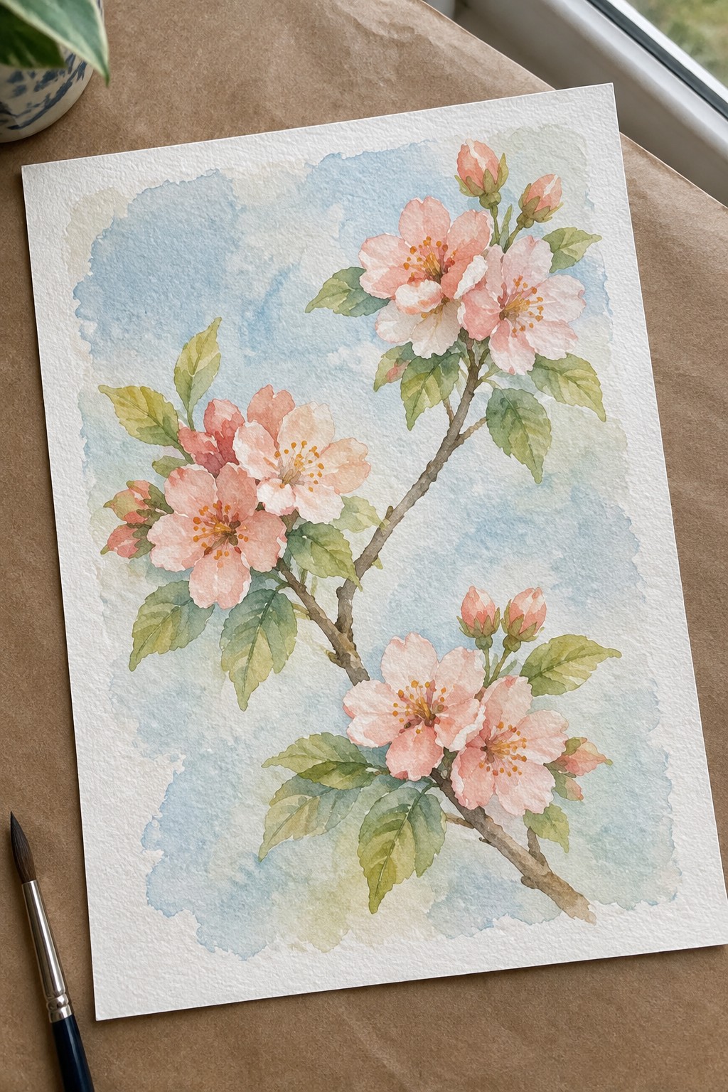 A watercolor painting of pink blossoms on branches with green leaves against a soft blue background, next to a paintbrush on paper.